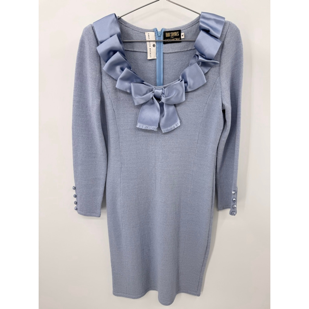 Vintage 70s Saks Fifth Avenue Blue Sweater Dress Ribbon Bow Midi Don Sayres Sz 4